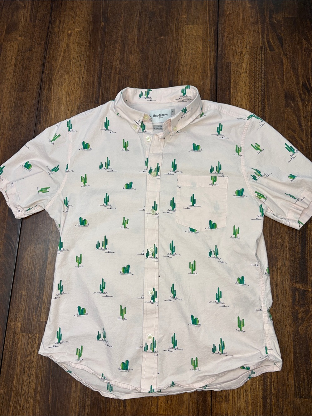 Goodfellow & Co Light Pink Short-Sleeve Button-Down Shirt w/ Green Cactus Print